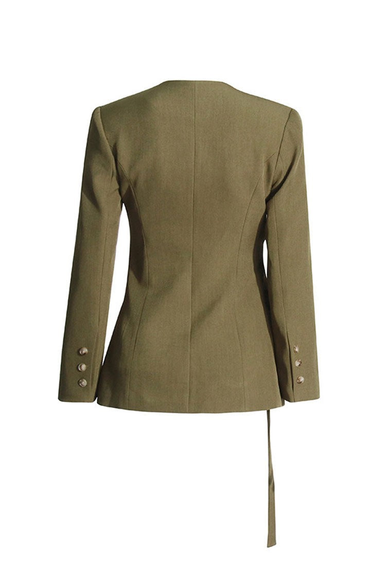 Asymmetrical Grommet-Belt Wrap Blazer