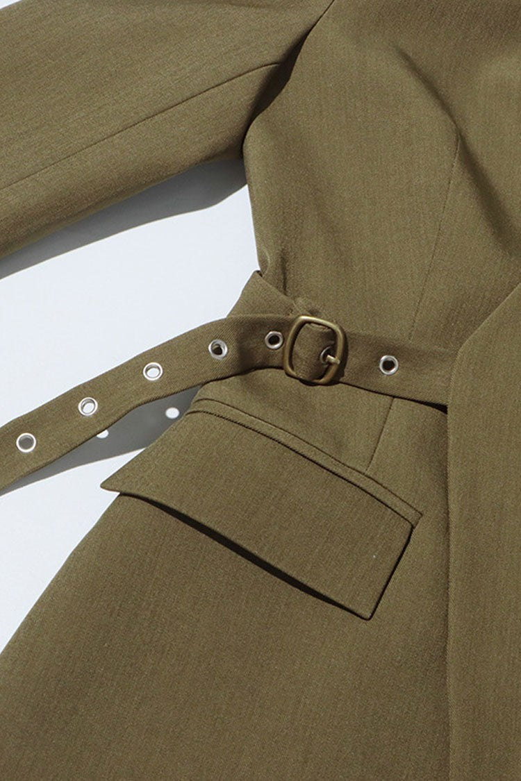 Asymmetrical Grommet-Belt Wrap Blazer
