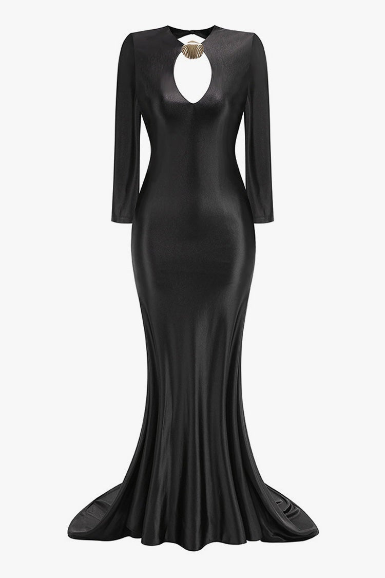 Metallic Crew Neck Cutout Fishtail Maxi Dress