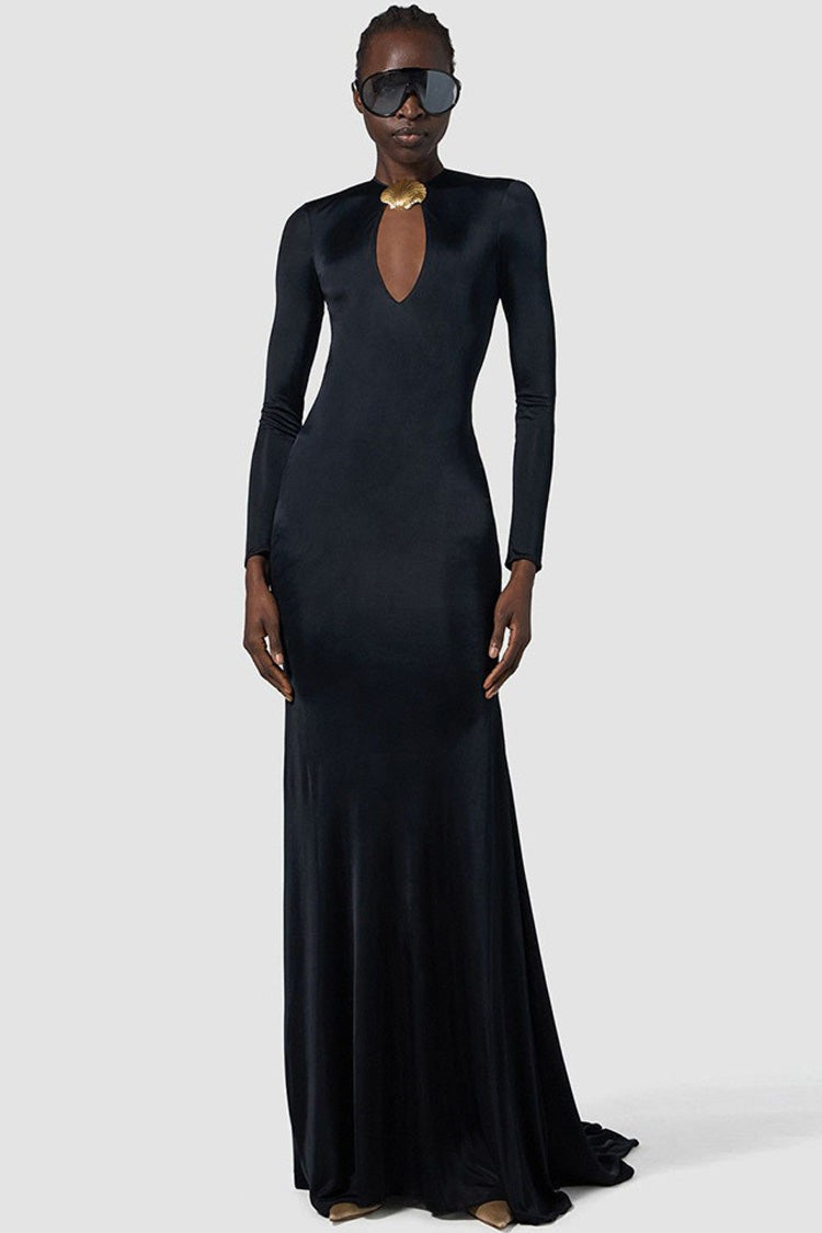 Metallic Crew Neck Cutout Fishtail Maxi Dress