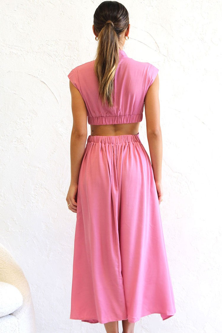 Mock Neck Ruched Waist Cutout Midi Sundress
