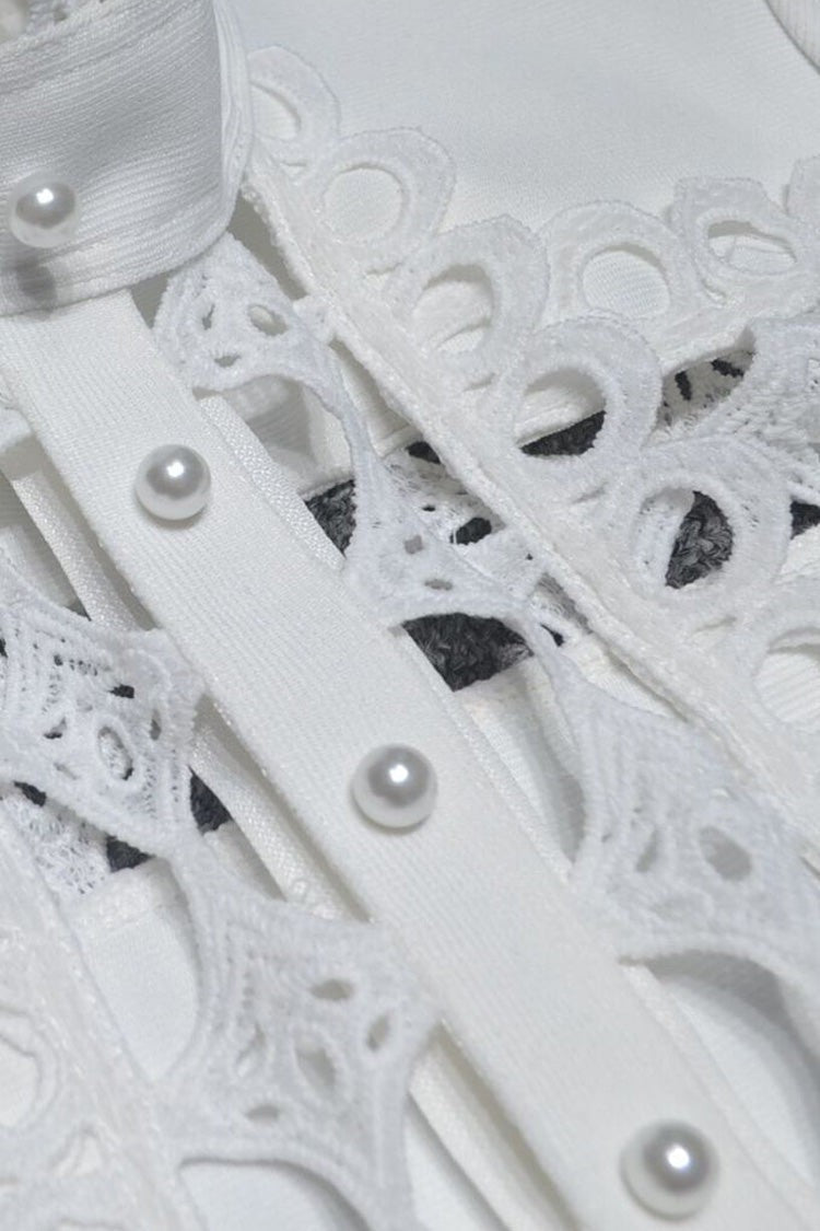 Pearl-Embellished Lace Bandage Romper