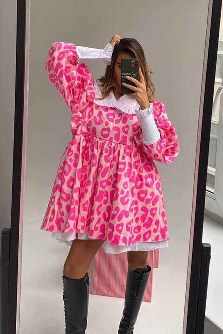 Peter Pan Collar Leopard Babydoll Mini Dress