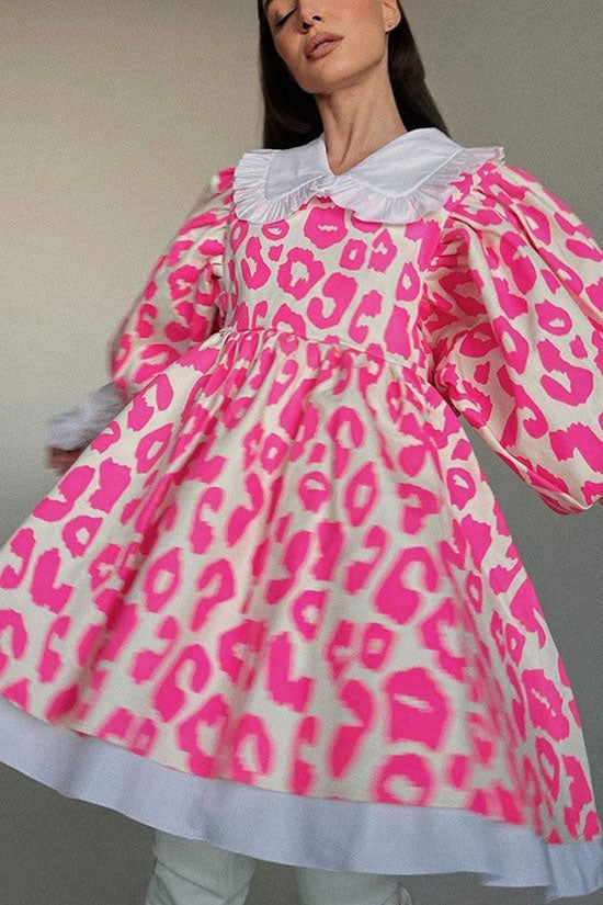 Peter Pan Collar Leopard Babydoll Mini Dress