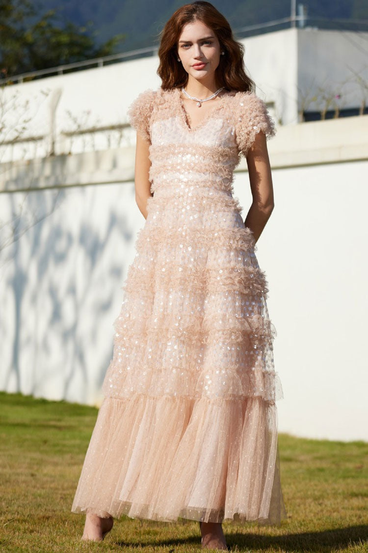 Sequin Layered Ruffle Tulle Evening Maxi Dress