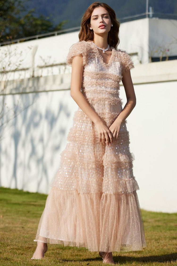 Sequin Layered Ruffle Tulle Evening Maxi Dress