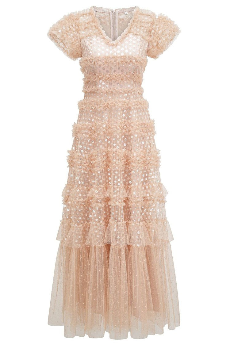 Sequin Layered Ruffle Tulle Evening Maxi Dress