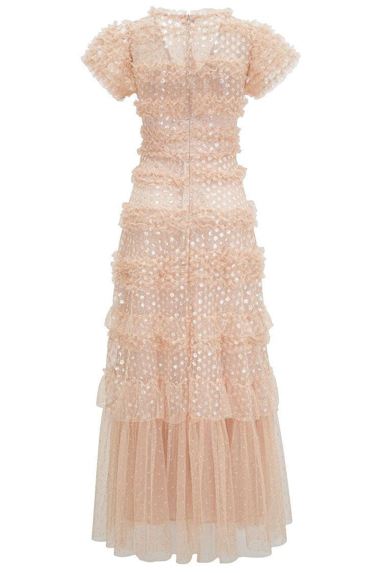 Sequin Layered Ruffle Tulle Evening Maxi Dress