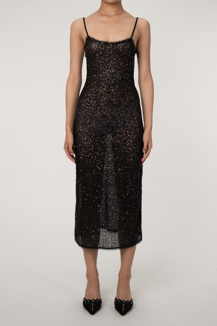 Sequin Square-Neck Slip Maxi Dress