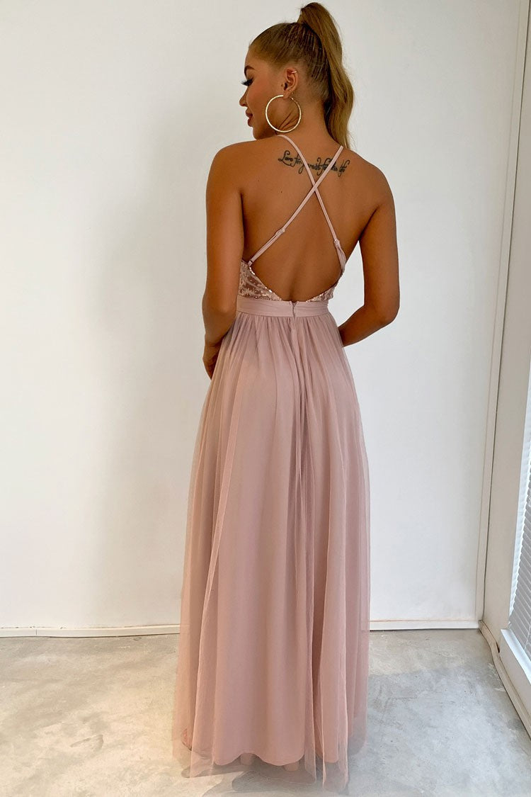 Sequined Deep V Backless High-Slit Evening Maxi Dress