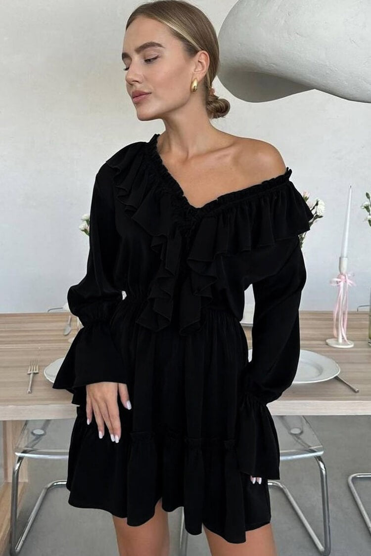 Tie-Neck Ruffle Plunge Tiered Mini Dress