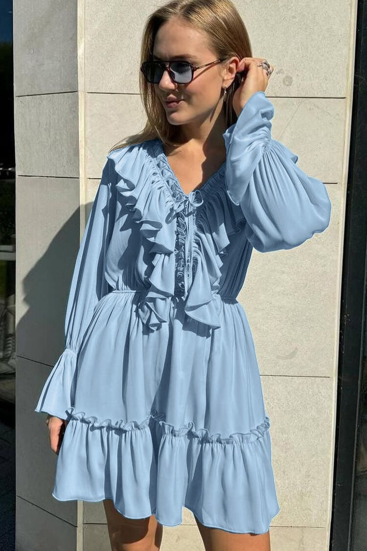 Tie-Neck Ruffle Plunge Tiered Mini Dress