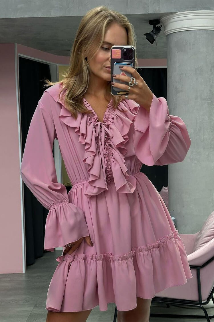 Tie-Neck Ruffle Plunge Tiered Mini Dress