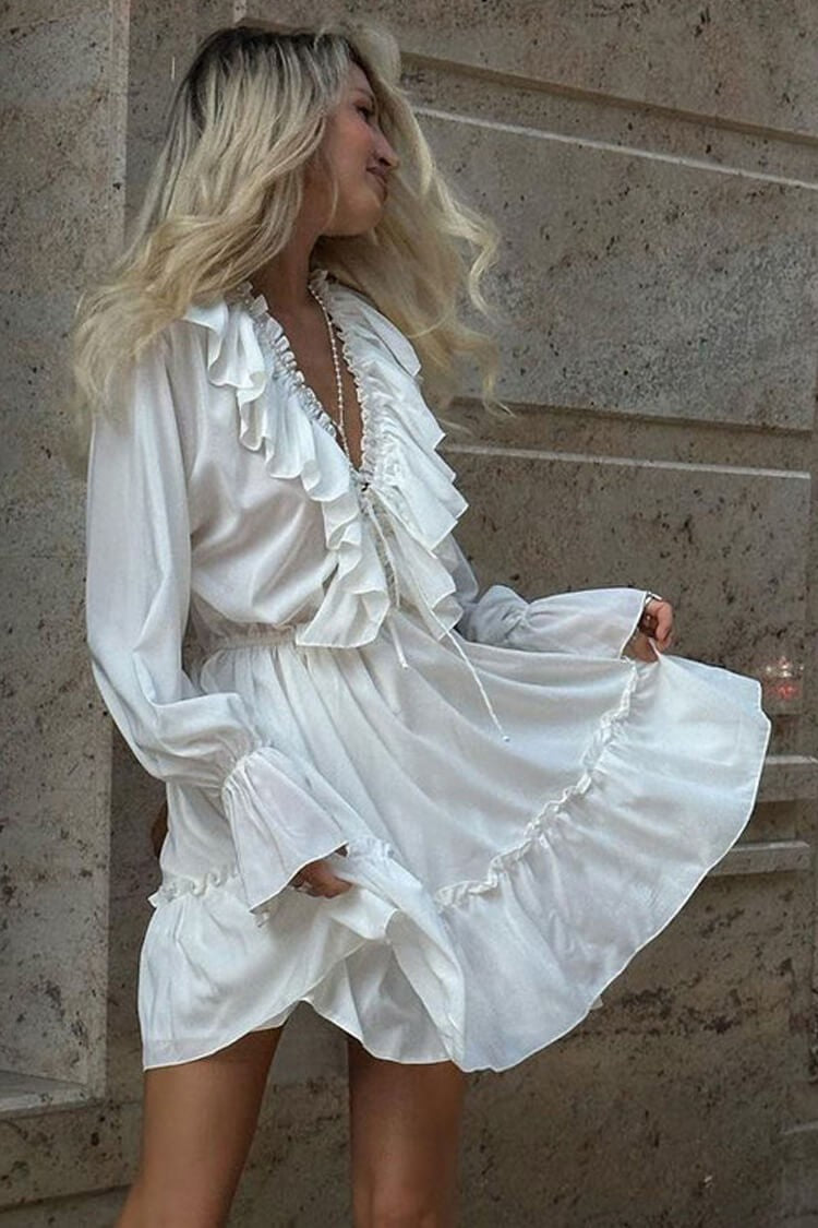 Tie-Neck Ruffle Plunge Tiered Mini Dress