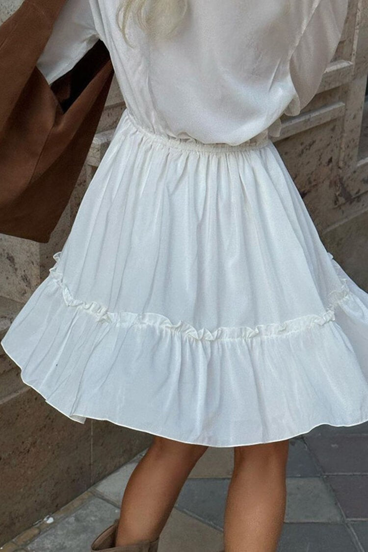 Tie-Neck Ruffle Plunge Tiered Mini Dress