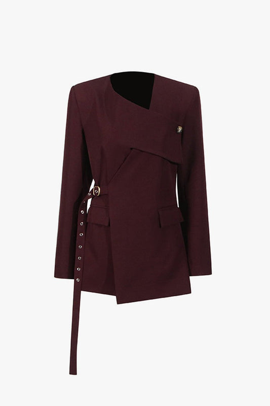 Asymmetrical Grommet-Belt Wrap Blazer