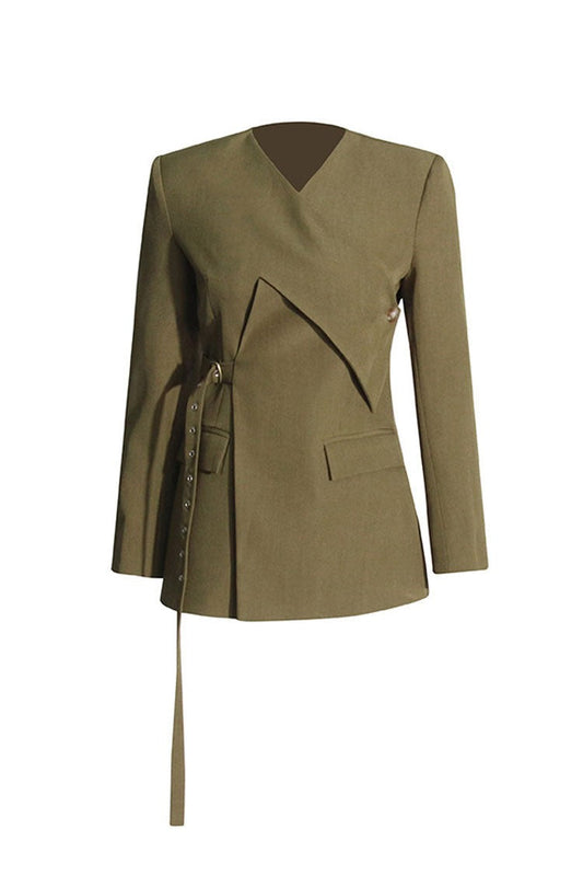 Asymmetrical Grommet-Belt Wrap Blazer