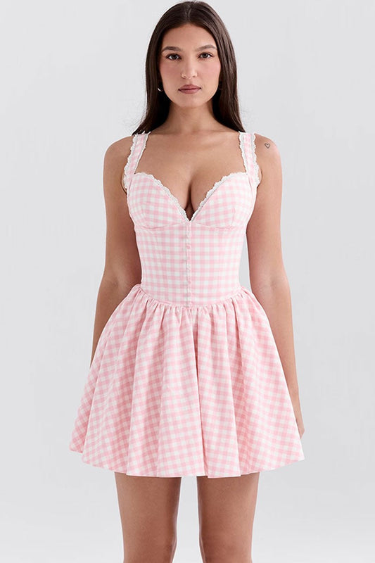 Gingham Lace Sweetheart Bustier Tulle Mini Dress