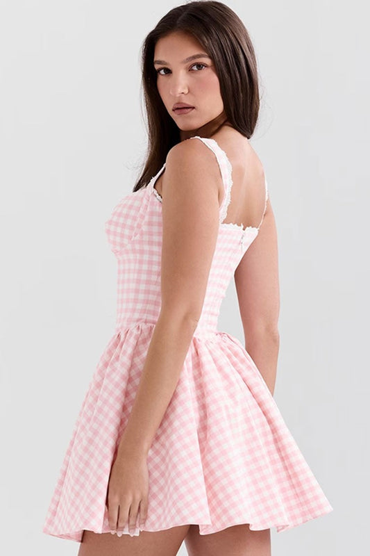 Gingham Lace Sweetheart Bustier Tulle Mini Dress