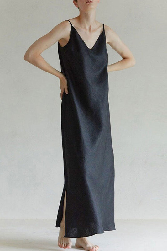 Linen Spaghetti Strap V-Neck Maxi Dress