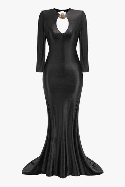 Metallic Crew Neck Cutout Fishtail Maxi Dress