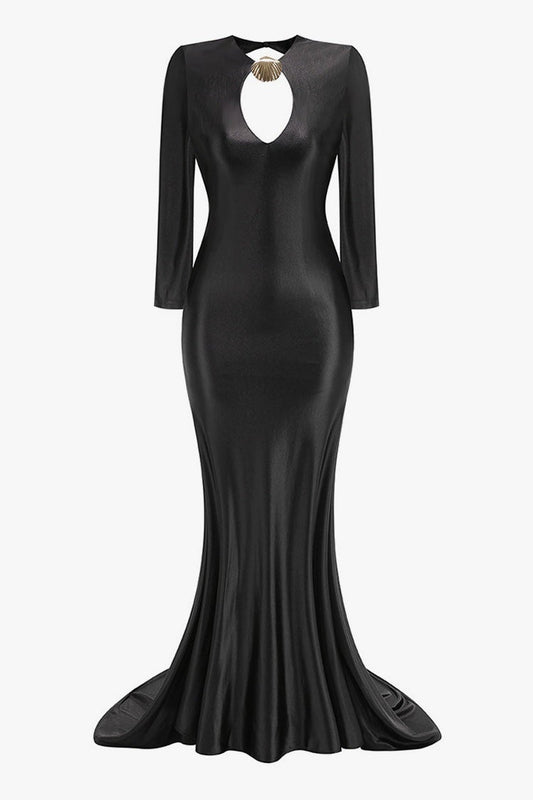 Metallic Crew Neck Cutout Fishtail Maxi Dress