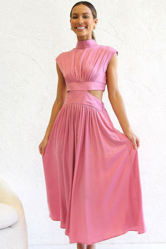 Mock Neck Ruched Waist Cutout Midi Sundress