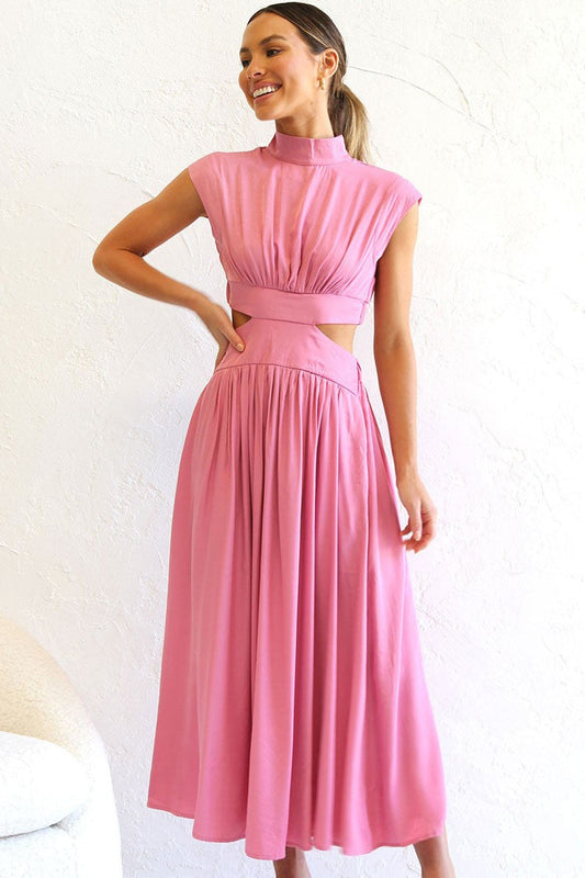 Mock Neck Ruched Waist Cutout Midi Sundress