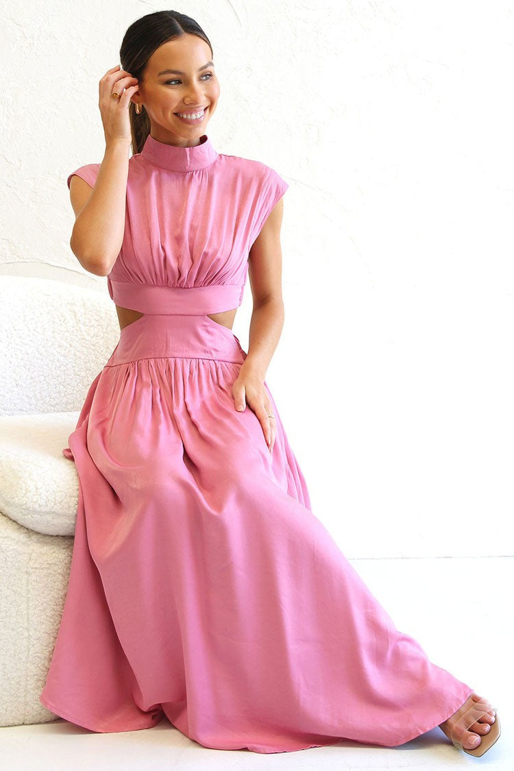 Mock Neck Ruched Waist Cutout Midi Sundress