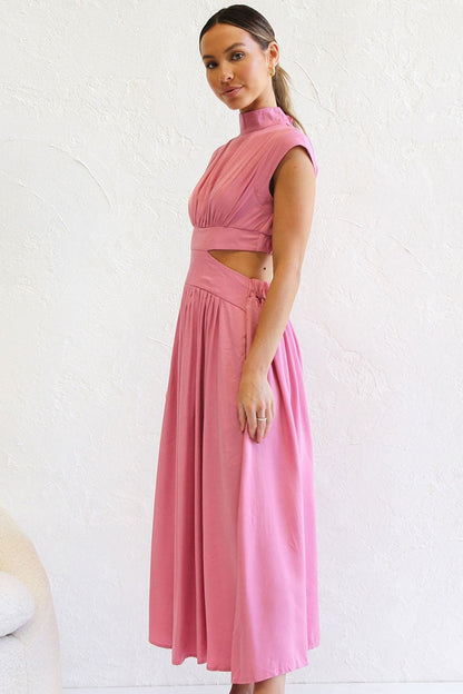 Mock Neck Ruched Waist Cutout Midi Sundress