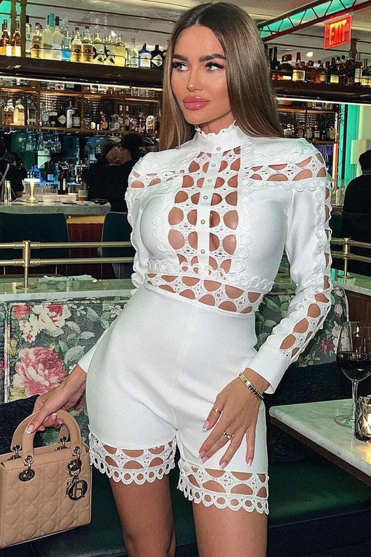 Pearl-Embellished Lace Bandage Romper