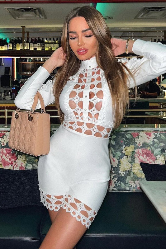Pearl-Embellished Lace Bandage Romper