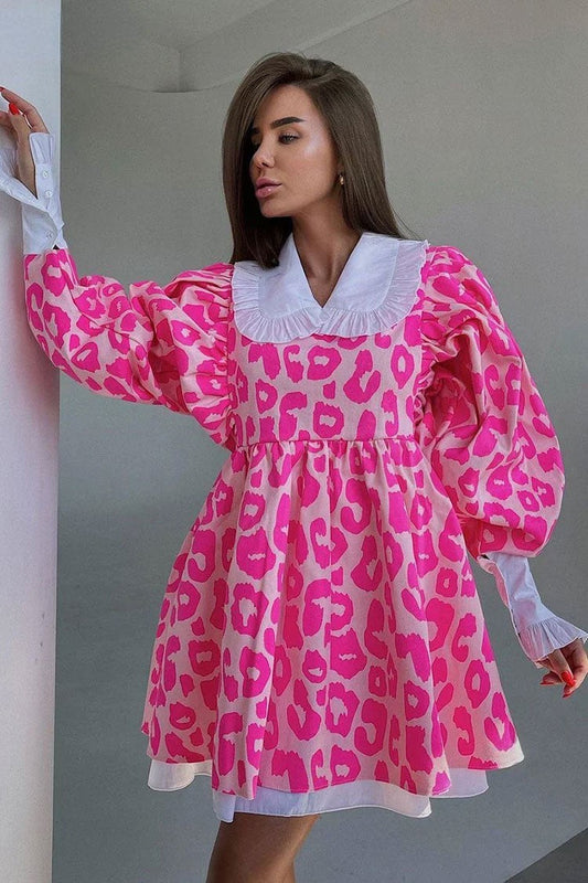 Peter Pan Collar Leopard Babydoll Mini Dress