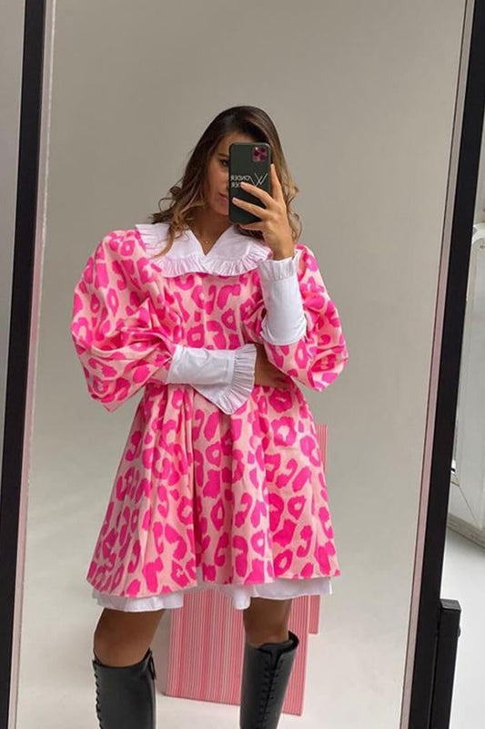 Peter Pan Collar Leopard Babydoll Mini Dress