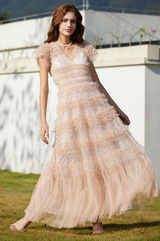 Sequin Layered Ruffle Tulle Evening Maxi Dress
