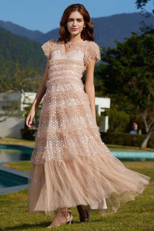 Sequin Layered Ruffle Tulle Evening Maxi Dress