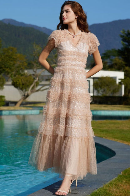 Sequin Layered Ruffle Tulle Evening Maxi Dress