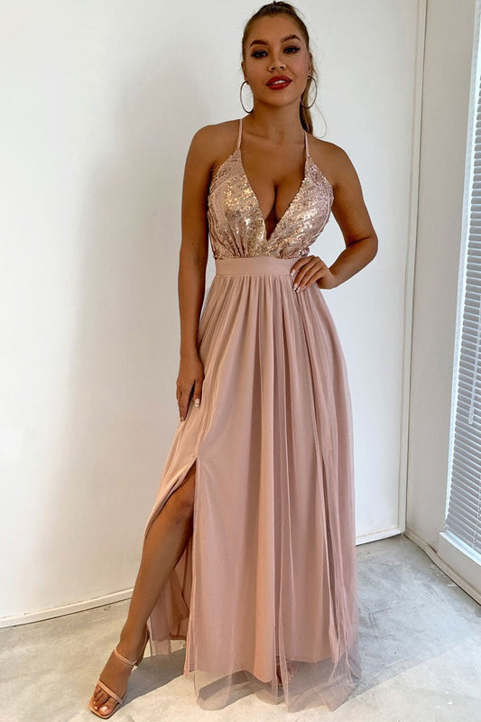 Sequined Deep V Backless High-Slit Evening Maxi Dress
