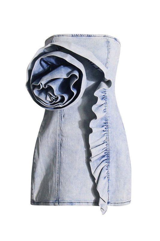 Strapless Rosette Denim Bodycon Mini Dress