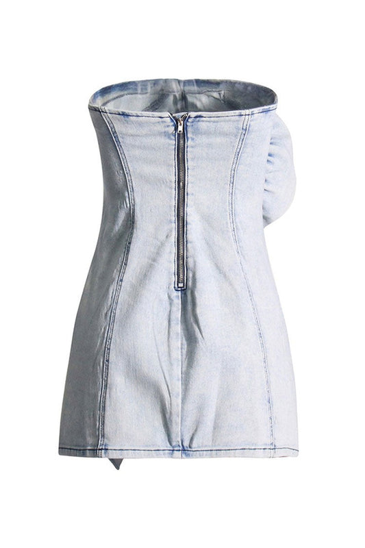Strapless Rosette Denim Bodycon Mini Dress