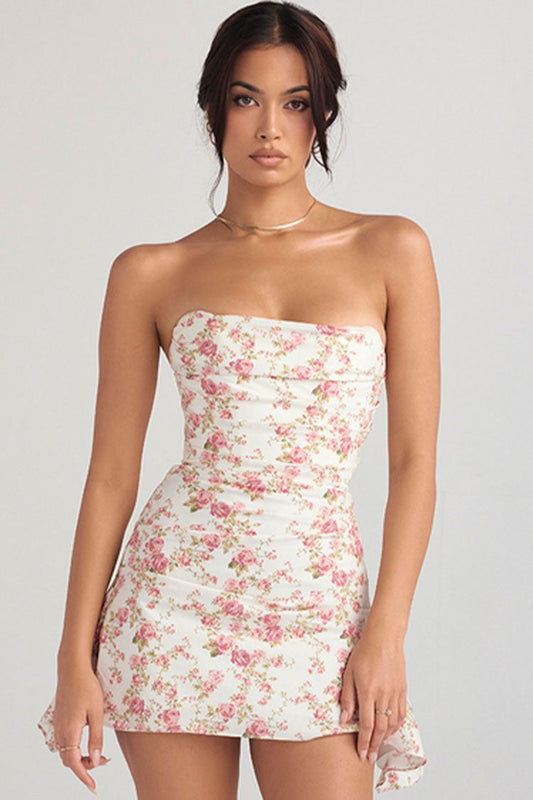 Strapless Satin Corset Pleated Mini Dress