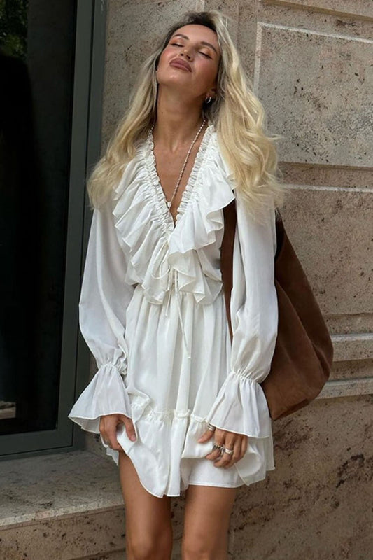 Tie-Neck Ruffle Plunge Tiered Mini Dress